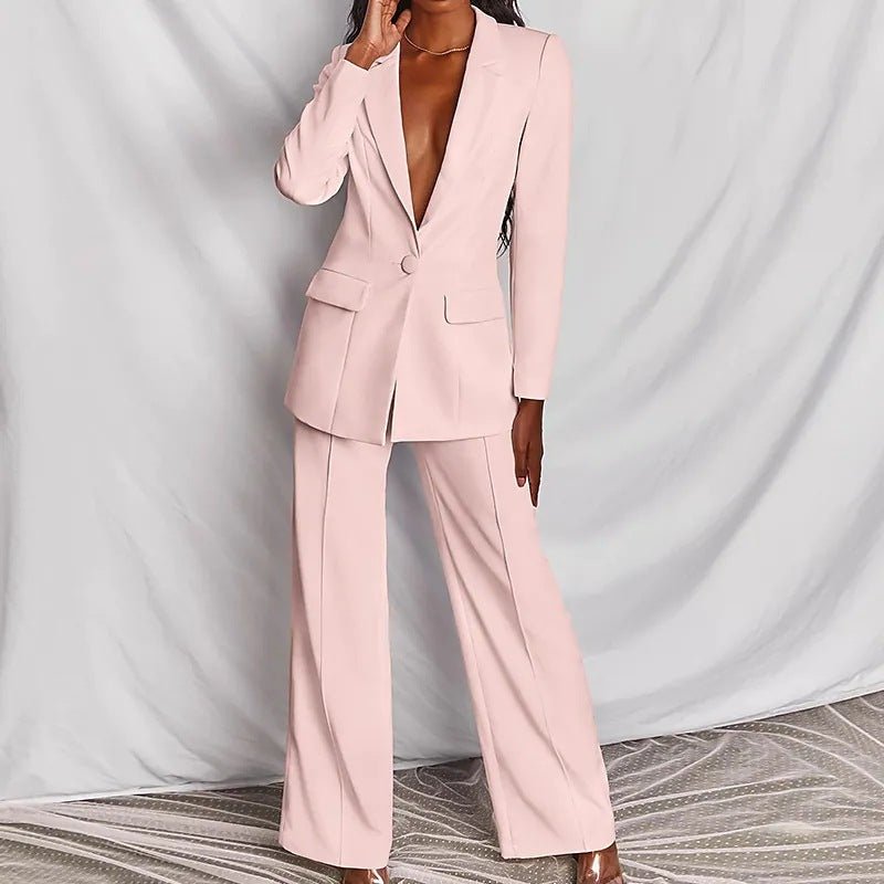 Lapel Button-Down Blazer & Straight-Leg Trousers Suit - MANDOTOS INTERNATIONALTwo-Piece Set