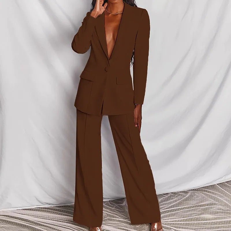 Lapel Button-Down Blazer & Straight-Leg Trousers Suit - MANDOTOS INTERNATIONALTwo-Piece Set