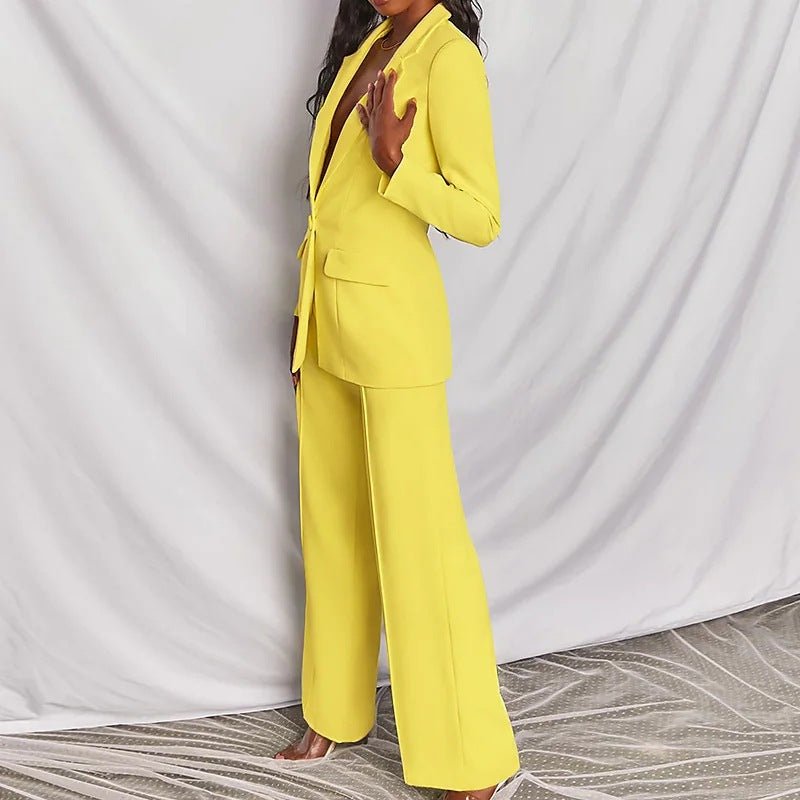 Lapel Button-Down Blazer & Straight-Leg Trousers Suit - MANDOTOS INTERNATIONALTwo-Piece Set