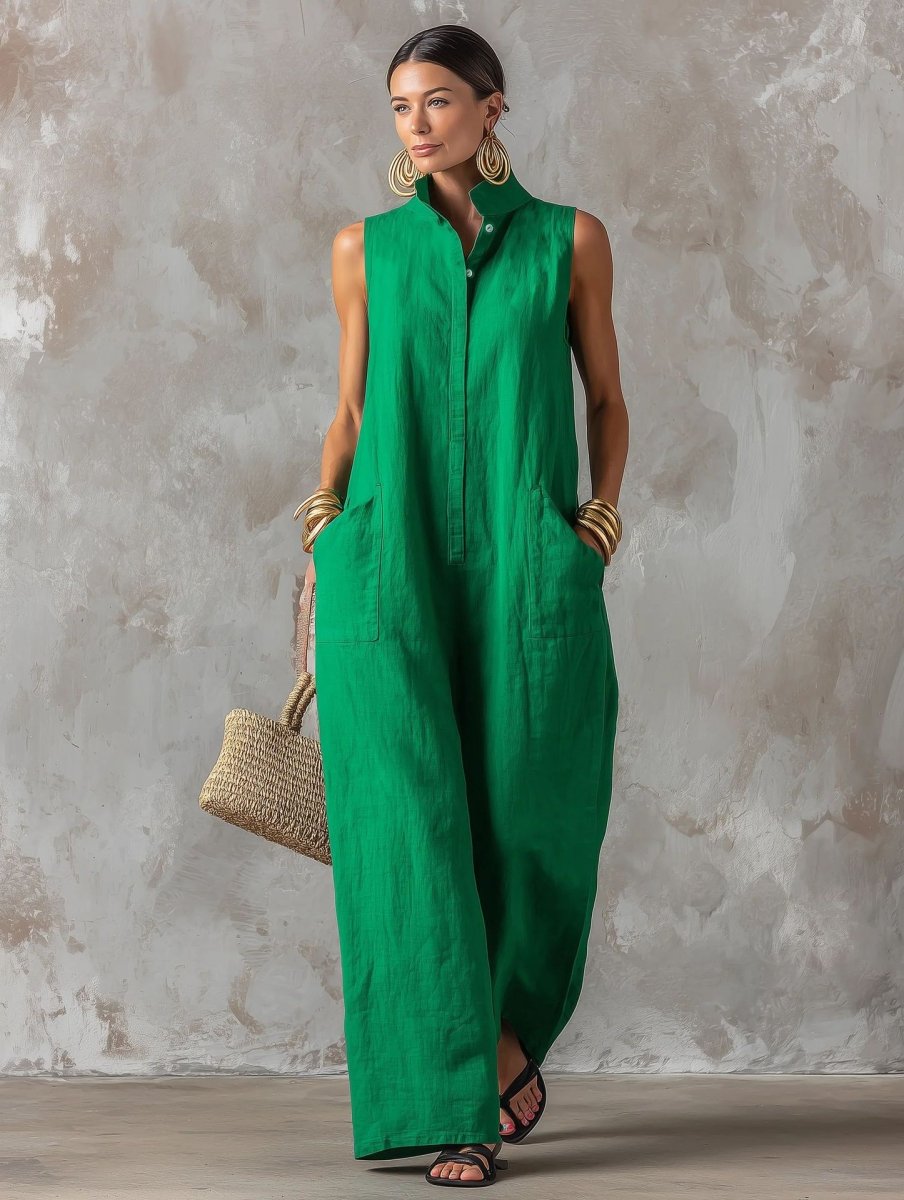 Linen Blend Sleeveless Stand-Collar Jumpsuit – 5 Colors S–3XL - MANDOTOS INTERNATIONALJumpsuits