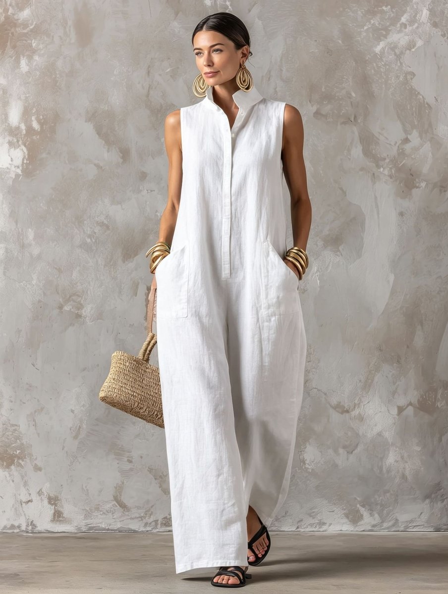 Linen Blend Sleeveless Stand-Collar Jumpsuit – 5 Colors S–3XL - MANDOTOS INTERNATIONALJumpsuits