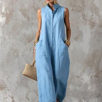 Linen Blend Sleeveless Stand-Collar Jumpsuit – 5 Colors S–3XL - MANDOTOS INTERNATIONALJumpsuits