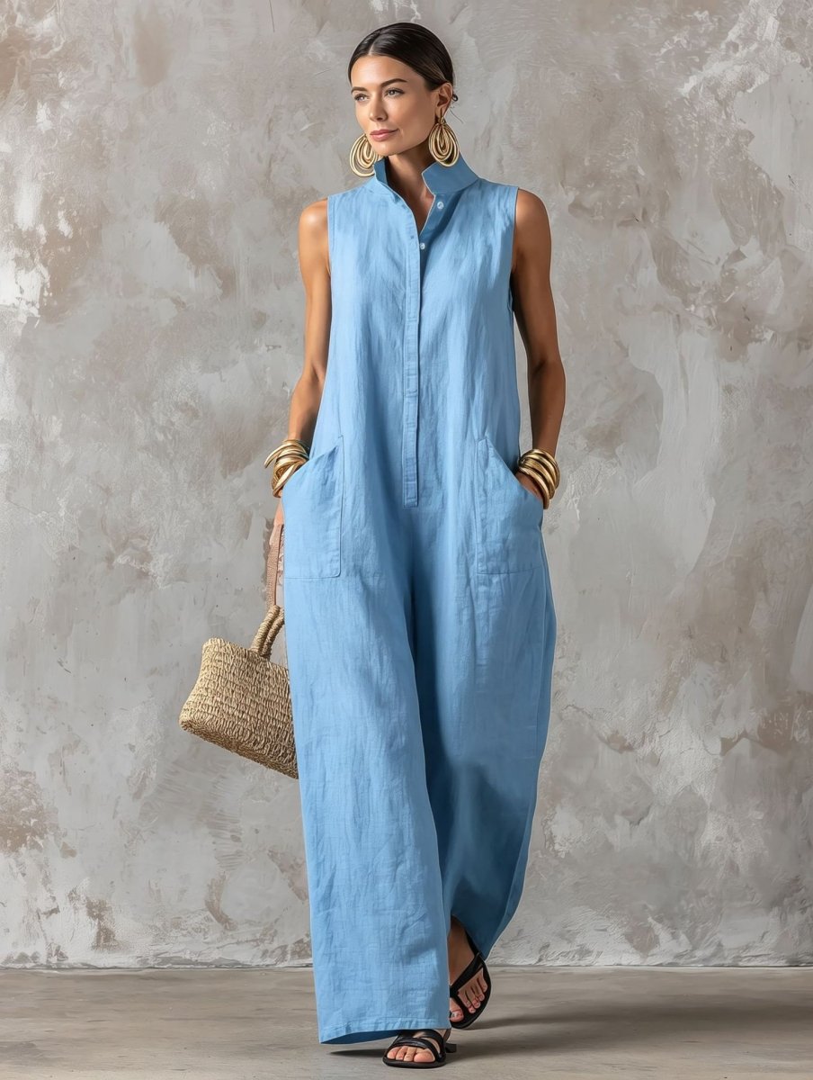 Linen Blend Sleeveless Stand-Collar Jumpsuit – 5 Colors S–3XL - MANDOTOS INTERNATIONALJumpsuits