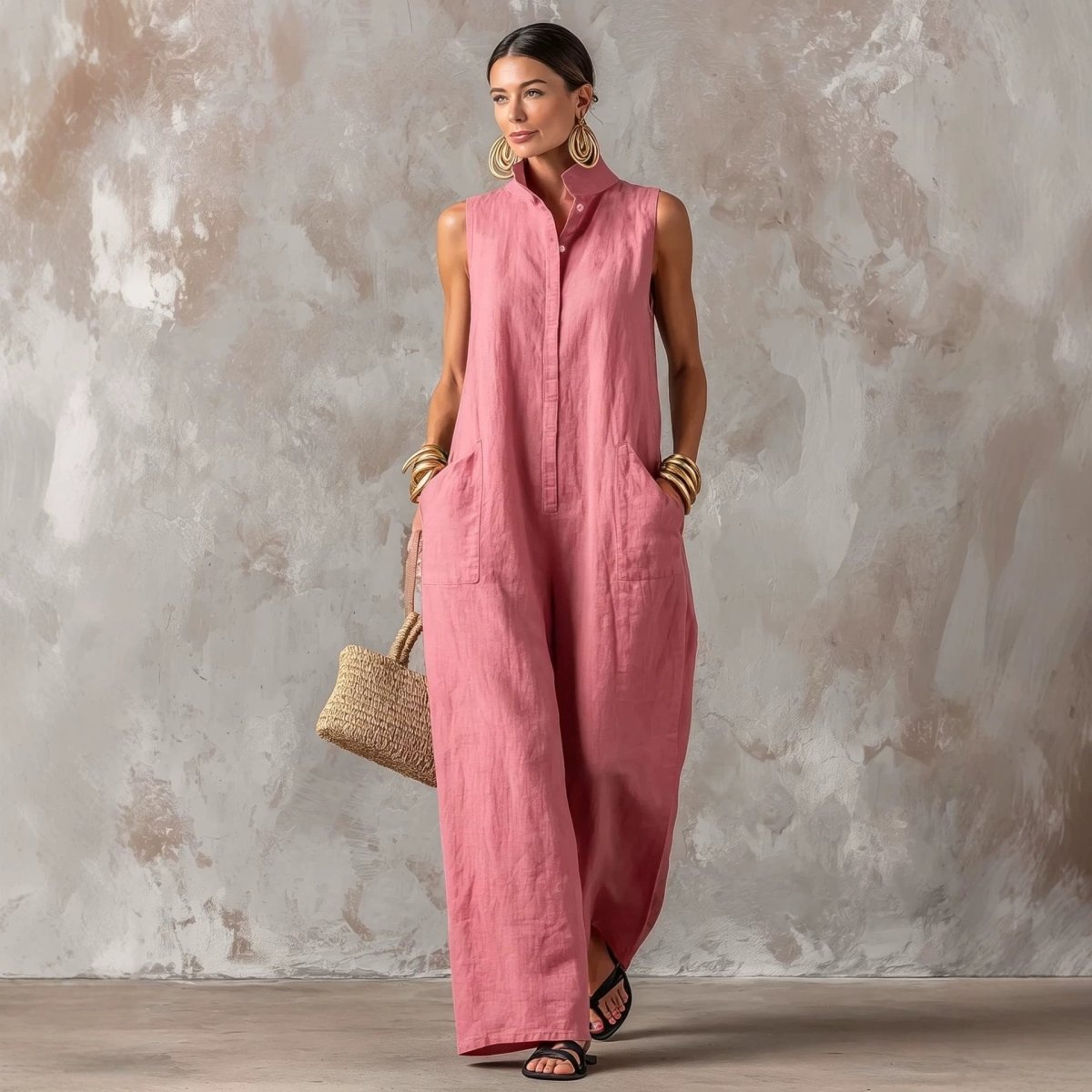 Linen Blend Sleeveless Stand-Collar Jumpsuit – 5 Colors S–3XL - MANDOTOS INTERNATIONALJumpsuits