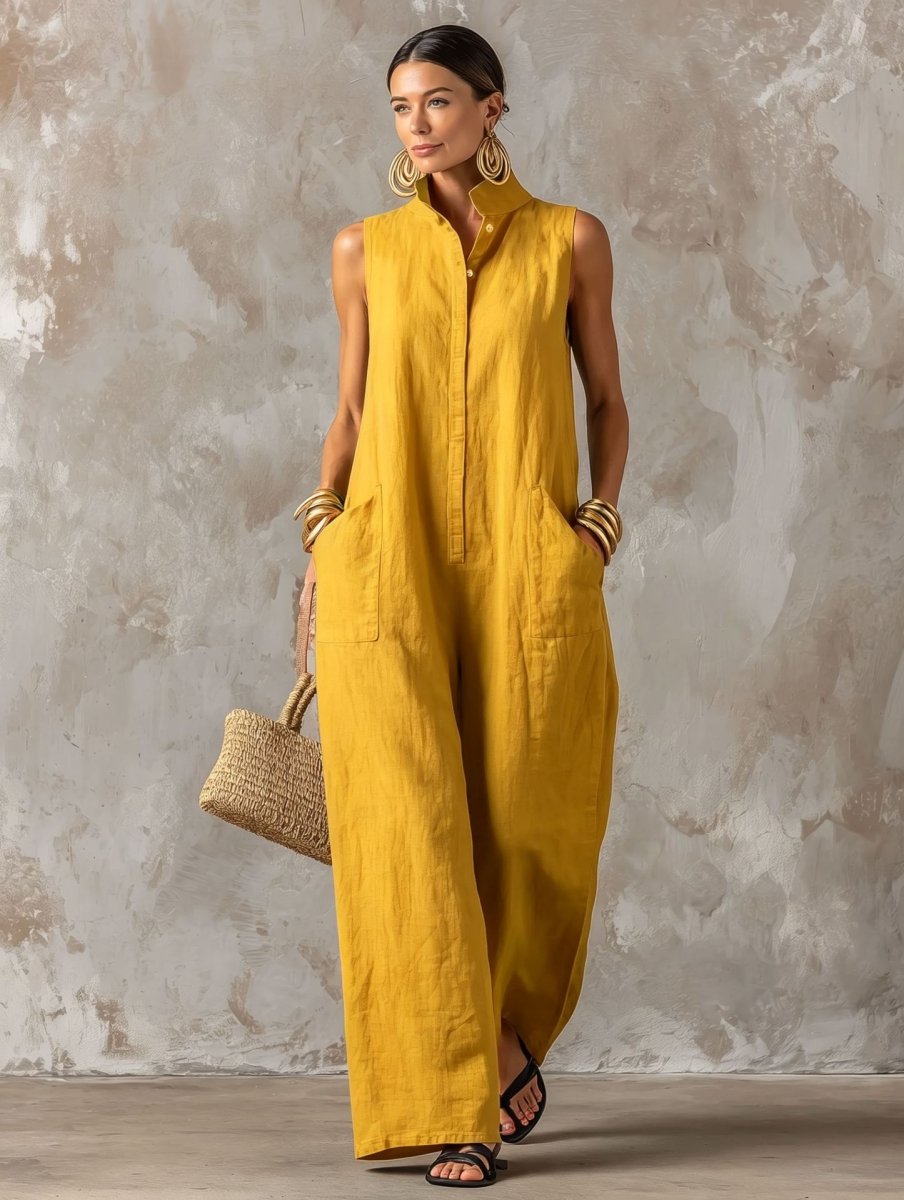 Linen Blend Sleeveless Stand-Collar Jumpsuit – 5 Colors S–3XL - MANDOTOS INTERNATIONALJumpsuits