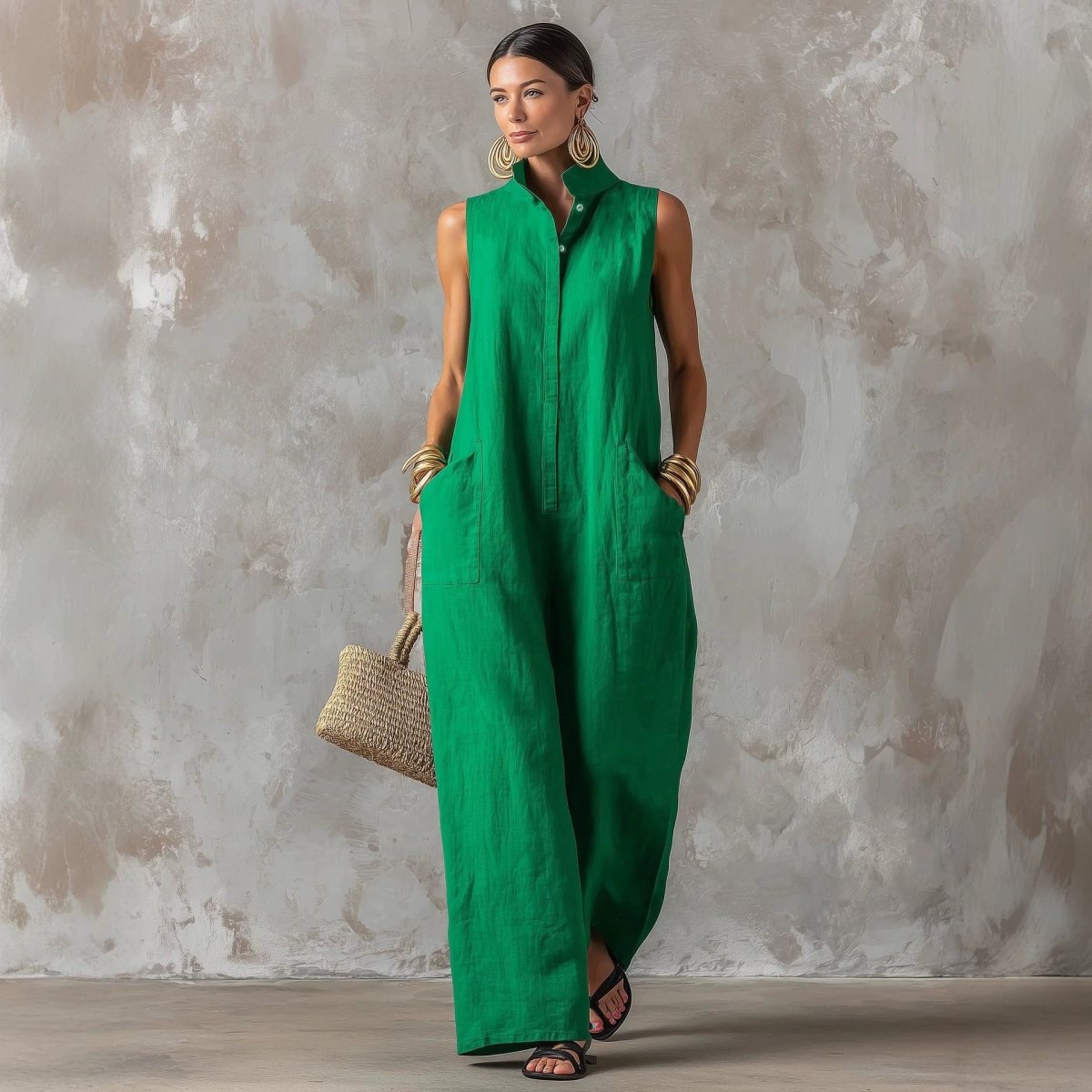 Linen Blend Sleeveless Stand-Collar Jumpsuit – 5 Colors S–3XL - MANDOTOS INTERNATIONALJumpsuits