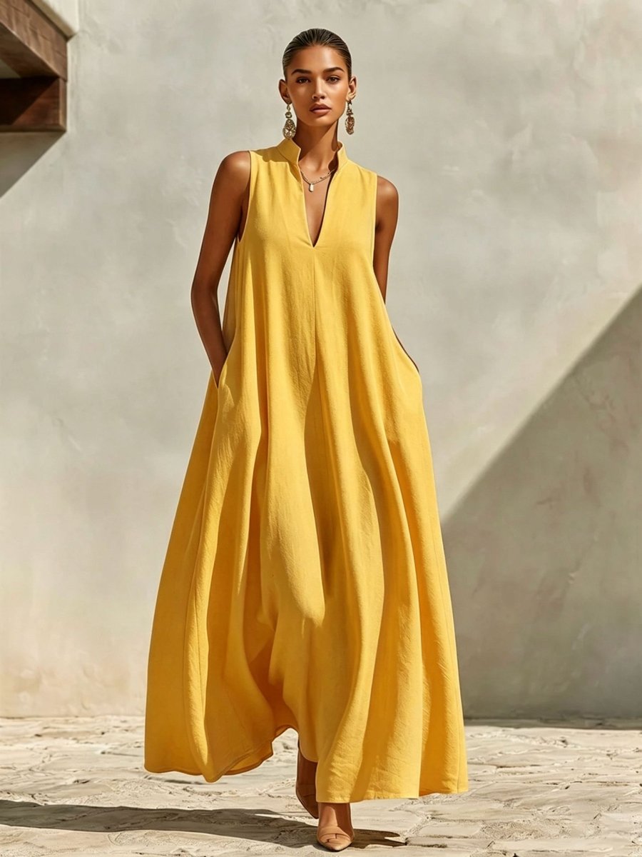 Linen Blend Sleeveless Stand-Collar Maxi Dress – 5 Colors S–3XL - MANDOTOS INTERNATIONALDresses
