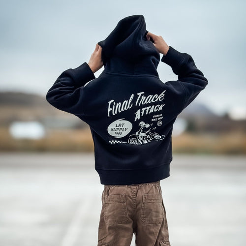 Baby and toddler black hoodie from LITTLE RAD THINGS, THE FINAL TRACK ATTACK outerwear, made from recycled materials.