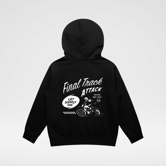 Little Rad Things baby toddler hoodie, The Final Track Attack in recycled black, cozy outerwear for little ones.