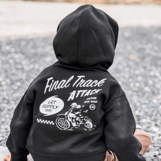 Baby and toddler The Final Track Attack Hoodie by Little Rad Things in recycled black, cozy outerwear for little ones.