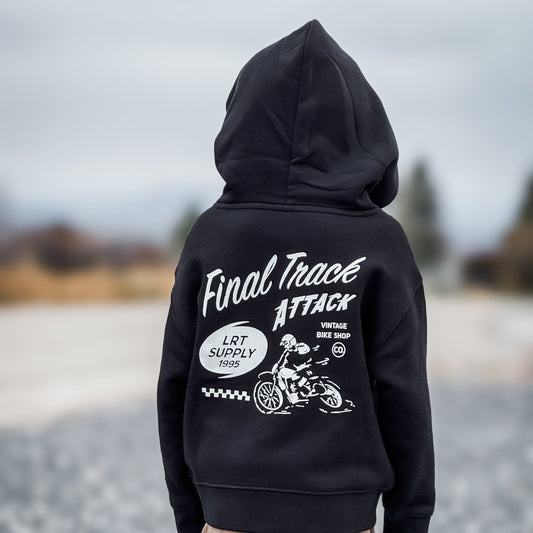 Baby & Toddler Recycled Black Hoodie from LITTLE RAD THINGS, The Final Track Attack Outerwear, soft and cozy for little wearers.