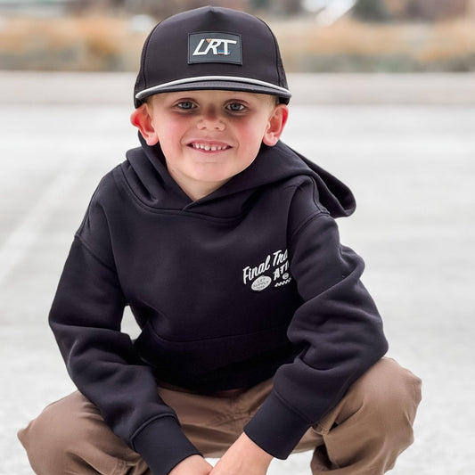Little Rad Things baby and toddler hoodie, The Final Track Attack style in recycled black, cozy outerwear for young children.