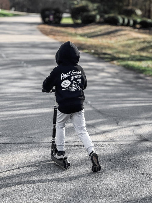 Little Rad Things baby hoodie, THE FINAL TRACK ATTACK HOODIE, recycled black toddler outerwear, soft and cozy for little ones.