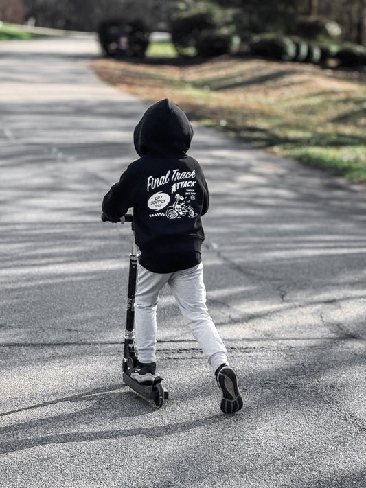 Little Rad Things baby hoodie, THE FINAL TRACK ATTACK HOODIE, recycled black toddler outerwear, soft and cozy for little ones.