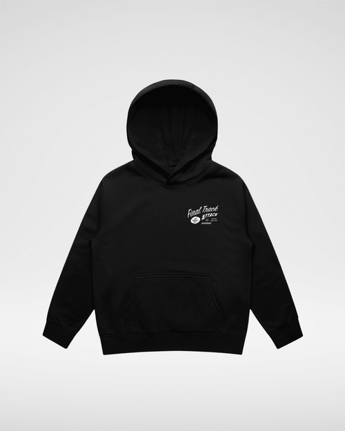 Little Rad Things baby hoodie, THE FINAL TRACK ATTACK style, recycled black toddler outerwear, soft and comfortable for young children.