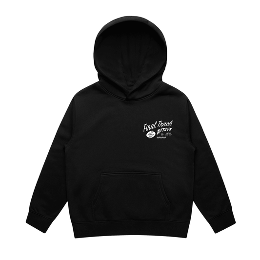 Baby and toddler recycled black hoodie from LITTLE RAD THINGS, The Final Track Attack outerwear, soft and comfortable for little ones.