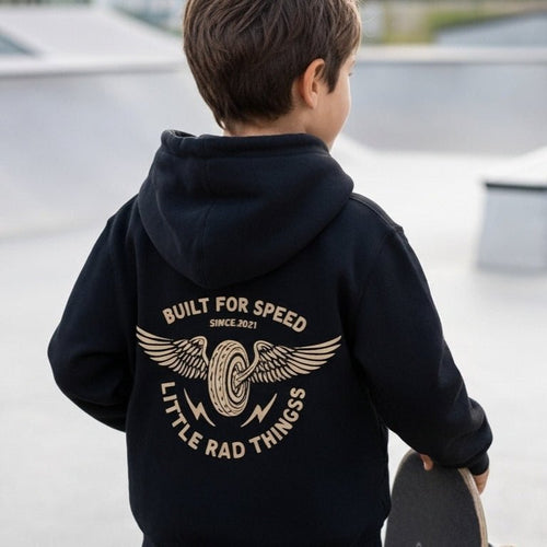 Baby and toddler black hoodie featuring winged mechanic design, recycled fabric, by LITTLE RAD THINGS, cozy outerwear for little adventurers.