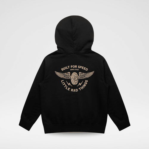Little Rad Things toddler hoodie with winged mechanic design in recycled black, a cozy and stylish outerwear for babies and toddlers.