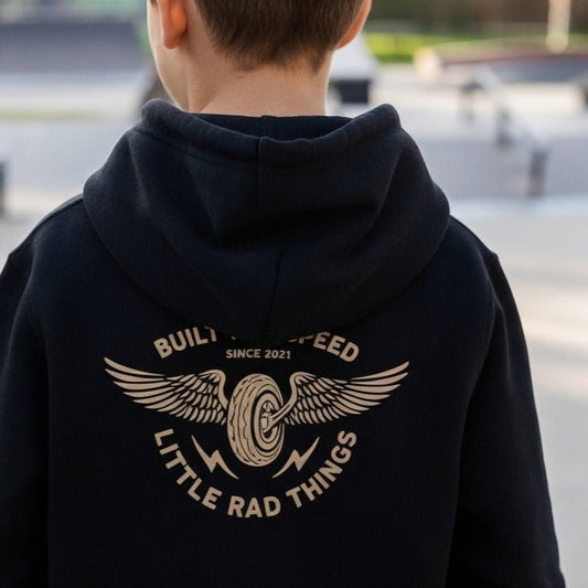 Baby and toddler recycled black hoodie with winged mechanic design from LITTLE RAD THINGS, cozy and stylish outerwear for young children.