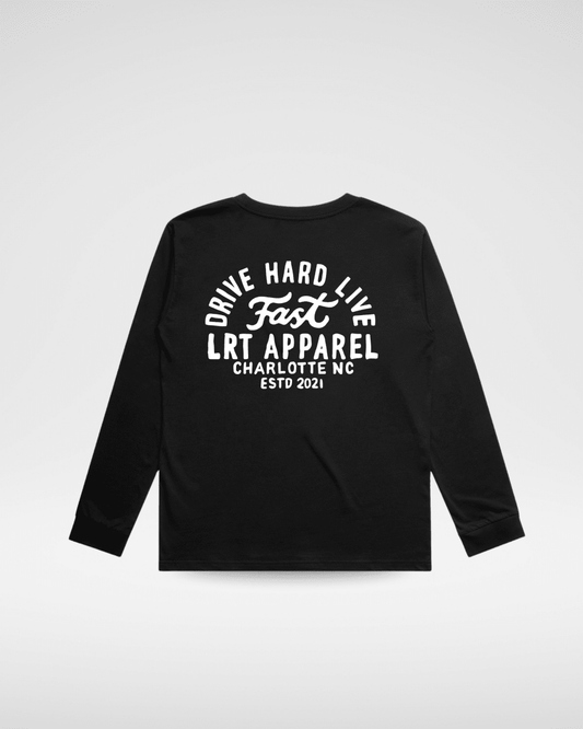 Little Rad Things The Apex Long Sleeve Tee in solid black, soft cotton shirt with a relaxed fit and crew neckline.