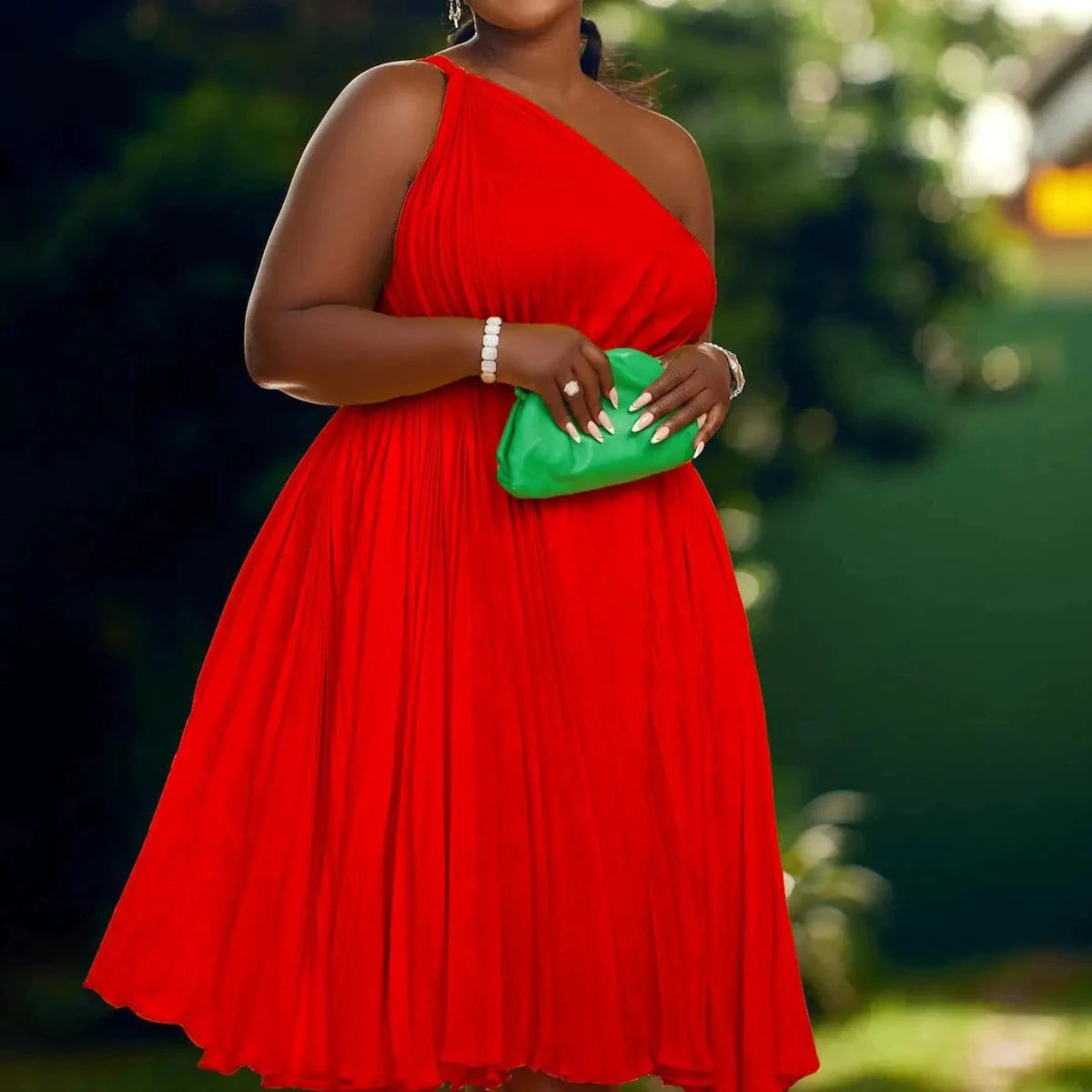 Luxe Couture Ruffle Midi Dress with Flowing Pleats for Effortless Elegance - MANDOTOS