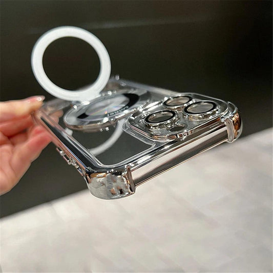 Luxury Plating Shockproof Magnetic Bracket For Magsafe Clear Case For iPhone 15 16 14 13 12 11 Pro Max With Holder Stand Cover - MANDOTOS