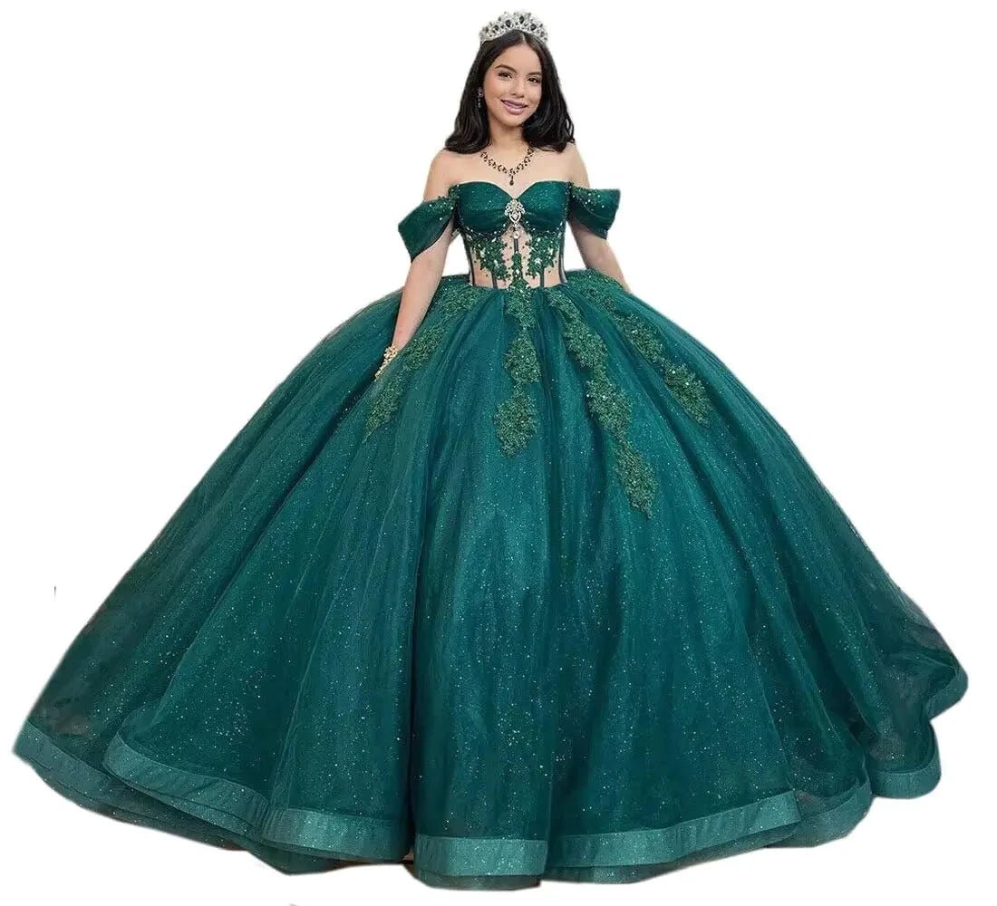 Glitz Sparkle Dark Green Quinceanera Gown - MANDOTOS INTERNATIONAL