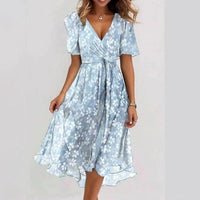 Chiffon Printed Short Sleeve Dress Summer Elegant V-neck Dresses Womens Clothing MANDOTOS
