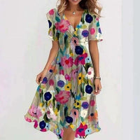 Chiffon Printed Short Sleeve Dress Summer Elegant V-neck Dresses Womens Clothing MANDOTOS