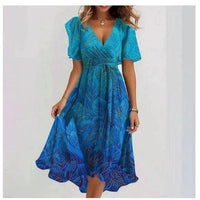 Chiffon Printed Short Sleeve Dress Summer Elegant V-neck Dresses Womens Clothing MANDOTOS