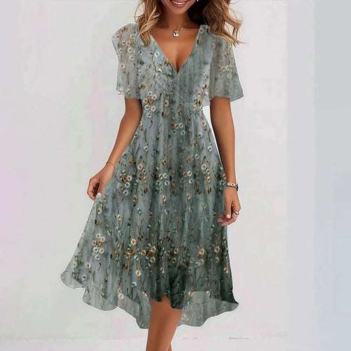 Chiffon Printed Short Sleeve Dress Summer Elegant V-neck Dresses Womens Clothing MANDOTOS