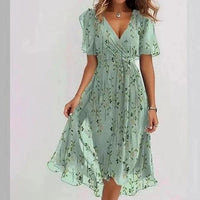 Chiffon Printed Short Sleeve Dress Summer Elegant V-neck Dresses Womens Clothing MANDOTOS