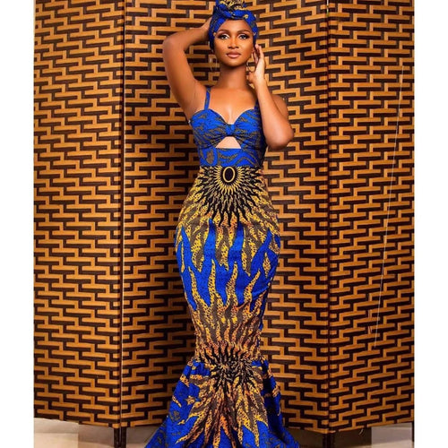 Mandotos digital print fishtail dress featuring vibrant patterns and a fitted silhouette, perfect for stylish occasions.