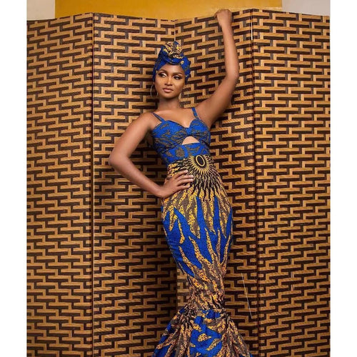 Mandotos digital print fishtail dress featuring vibrant patterns and a fitted silhouette, stylish and elegant for formal occasions.