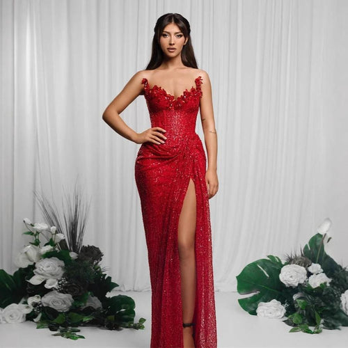 Drop-shaped diamond red paillette tube coat and dress by MANDOTOS, featuring a sexy low-cut design and high-slit style.