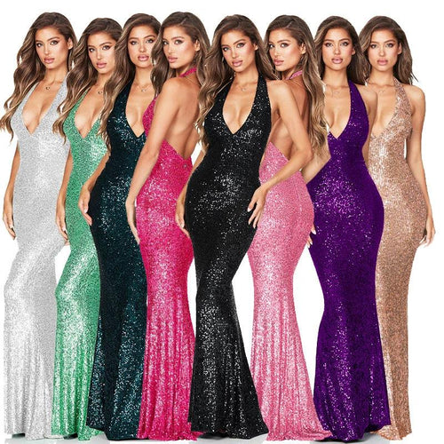 Mandotos European and American style summer women's deep V halter backless dress with flowing fabric and sleeveless design.