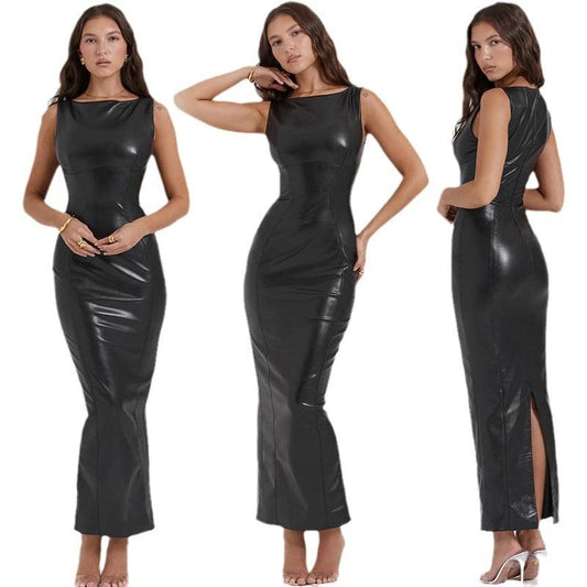 Mandotos European and American style women's autumn PU leather dress with split, long design and sleek silhouette.