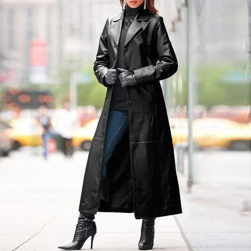 European and American women's long leather coat by MANDOTOS, featuring a stylish and elegant design for cold weather wear.