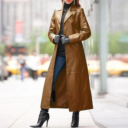 European and American women's long leather coat by MANDOTOS, stylish and fitted outerwear with a smooth leather finish.