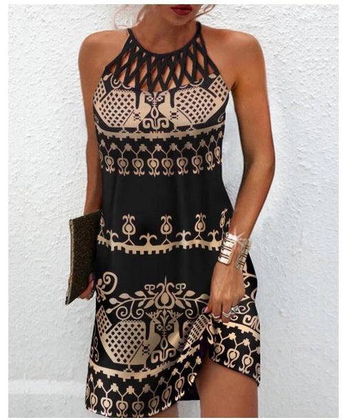 Mandotos casual fashion print halterneck dress for women, summer clothing, lightweight and stylish for warm weather.