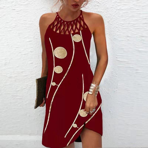 Mandotos fashion print casual halterneck dress for women, perfect for summer, featuring a vibrant pattern and sleeveless design.