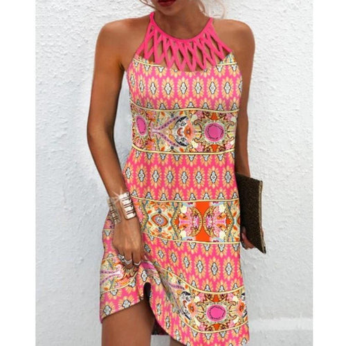 Mandotos casual fashion print halterneck dress for women, perfect summer clothing with vibrant design and lightweight fabric.