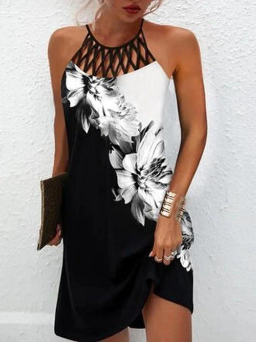 Mandotos casual fashion print halterneck dress for women, summer clothes, sleeveless and lightweight for warm weather.