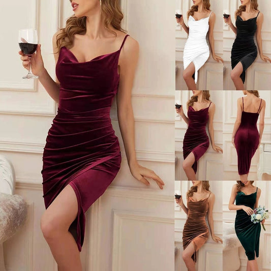 Velvet sling party dress for women with slit and pleated design, stylish and elegant fashion by MANDOTOS.