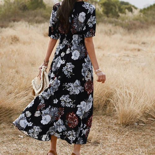 Floral Summer Beach Dress With V Neck Elastic Waist Dresses For Women MANDOTOS