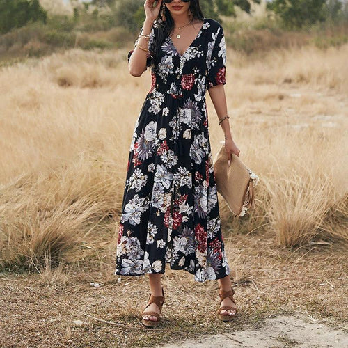 Floral Summer Beach Dress With V Neck Elastic Waist Dresses For Women MANDOTOS