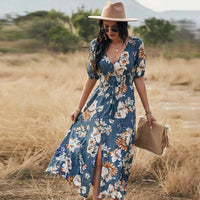 Floral Summer Beach Dress With V Neck Elastic Waist Dresses For Women MANDOTOS