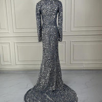 Grey Long Sleeve Sequin Evening Dress MANDOTOS
