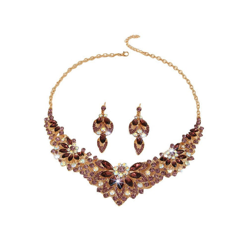 Mandotos crystal necklace and earrings suite featuring a high-profile, elegant design with sparkling crystals and intricate details.