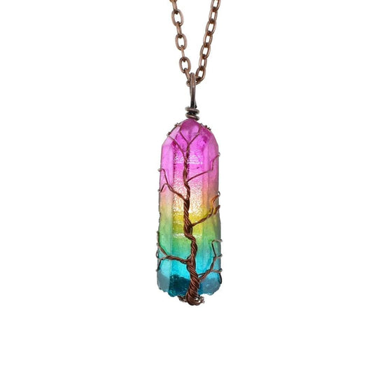 Mandotos stone crystal pillar Tree of Life pendant necklace, fashion jewelry with intricate design and natural stone details
